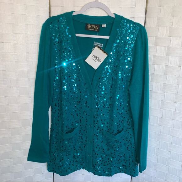 Bob Mackie Womens Wearable Art Sequin Aqua Blue Button Up Cardigan Size Small - Picture 16 of 16